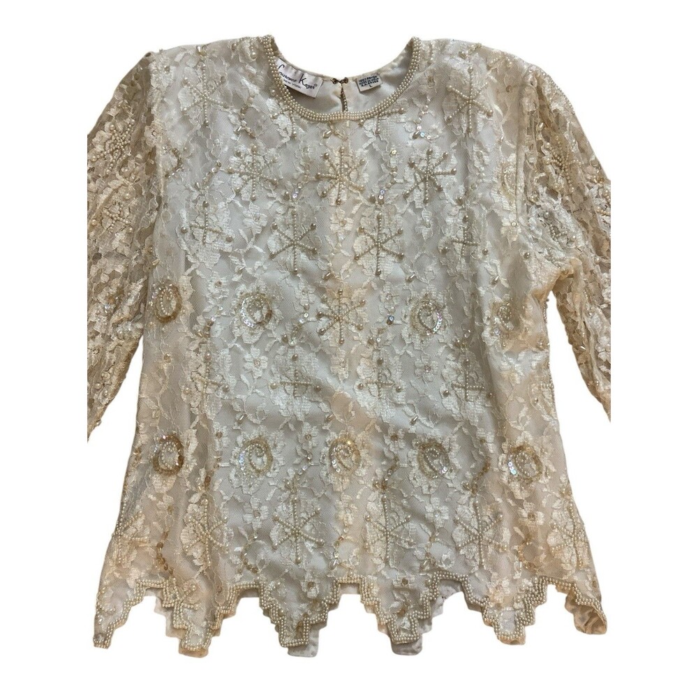 Vtg Laurence Kazar Ivory Blouse Women’s Beaded‎ Lace Sequin Sz L Long Sleeve